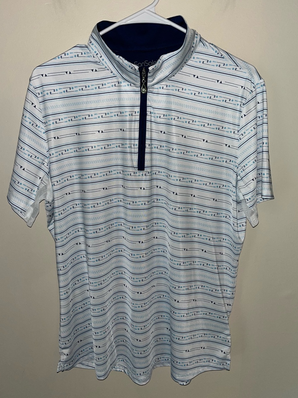 San Soleil Men’s Short Sleeve Golf Polo Shirt White Blue Stripe Size XL EUC